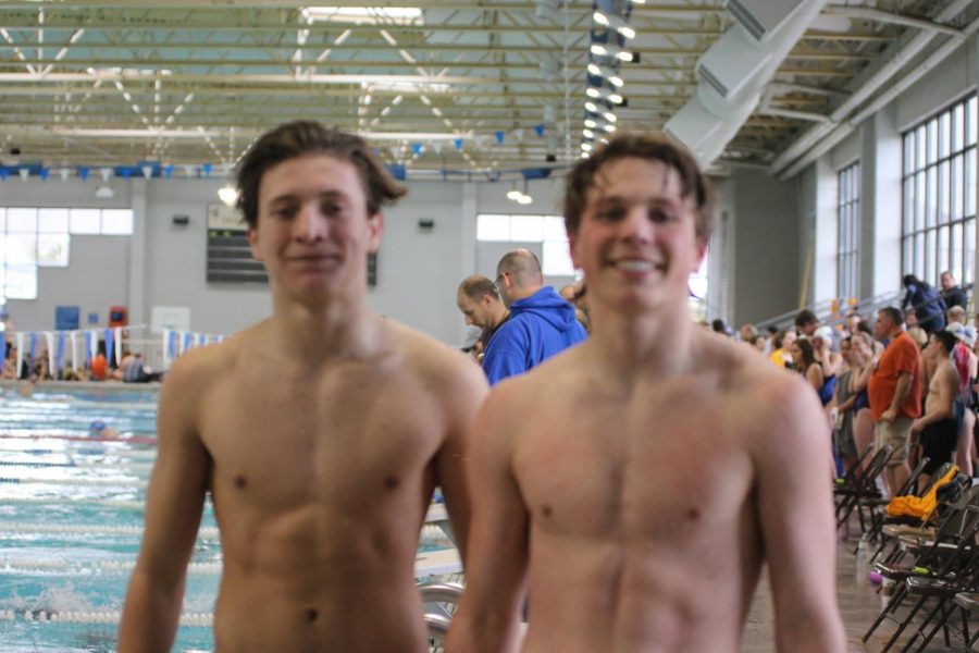 Sophomores Dom Benna and Nick Robert smile big at their meet in Carson. 
(Photo courtesy of yearbook staff) 
