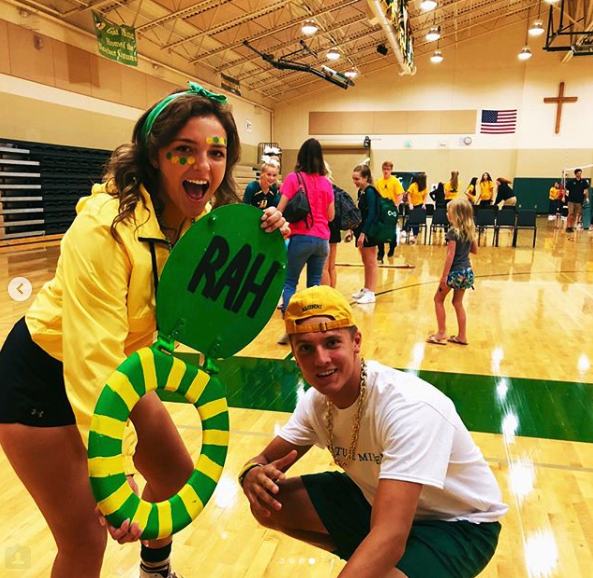 Vice President Ellen Bayliss and President Chase Bowers pose with the infamous toilet seat before the Welcome Back Rally.  (Photo courtesy of Ellen Bayliss's Instagram.)