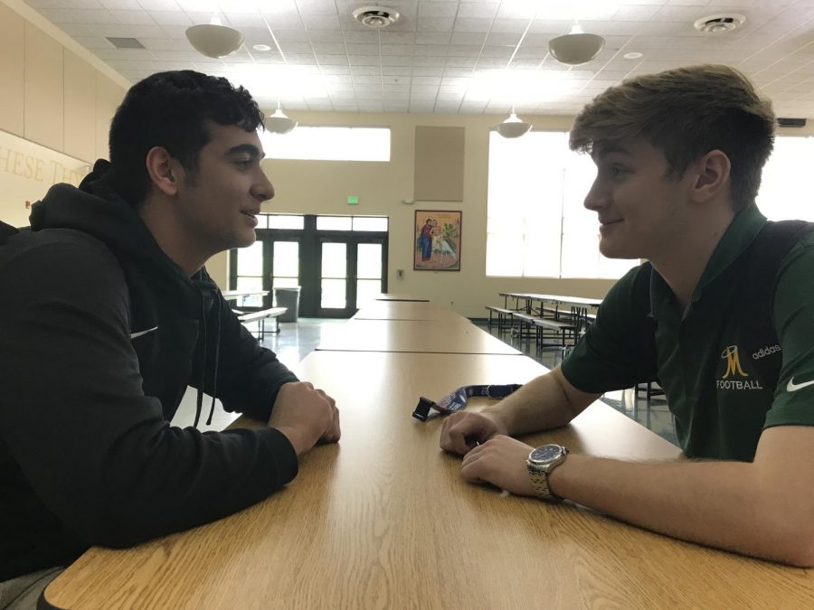 Parsa Sar-Sangi and Revere Laird, members of the Miner Men mentorship program, are pictures during on of their weekly check-ins.