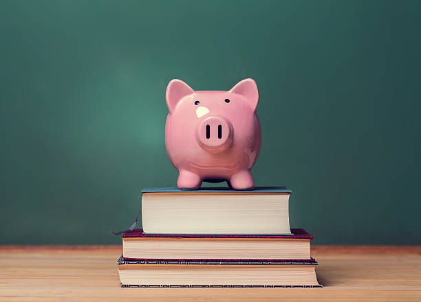 Pink Piggy bank on top of books with chalkboard in the background as concept image of the costs of education