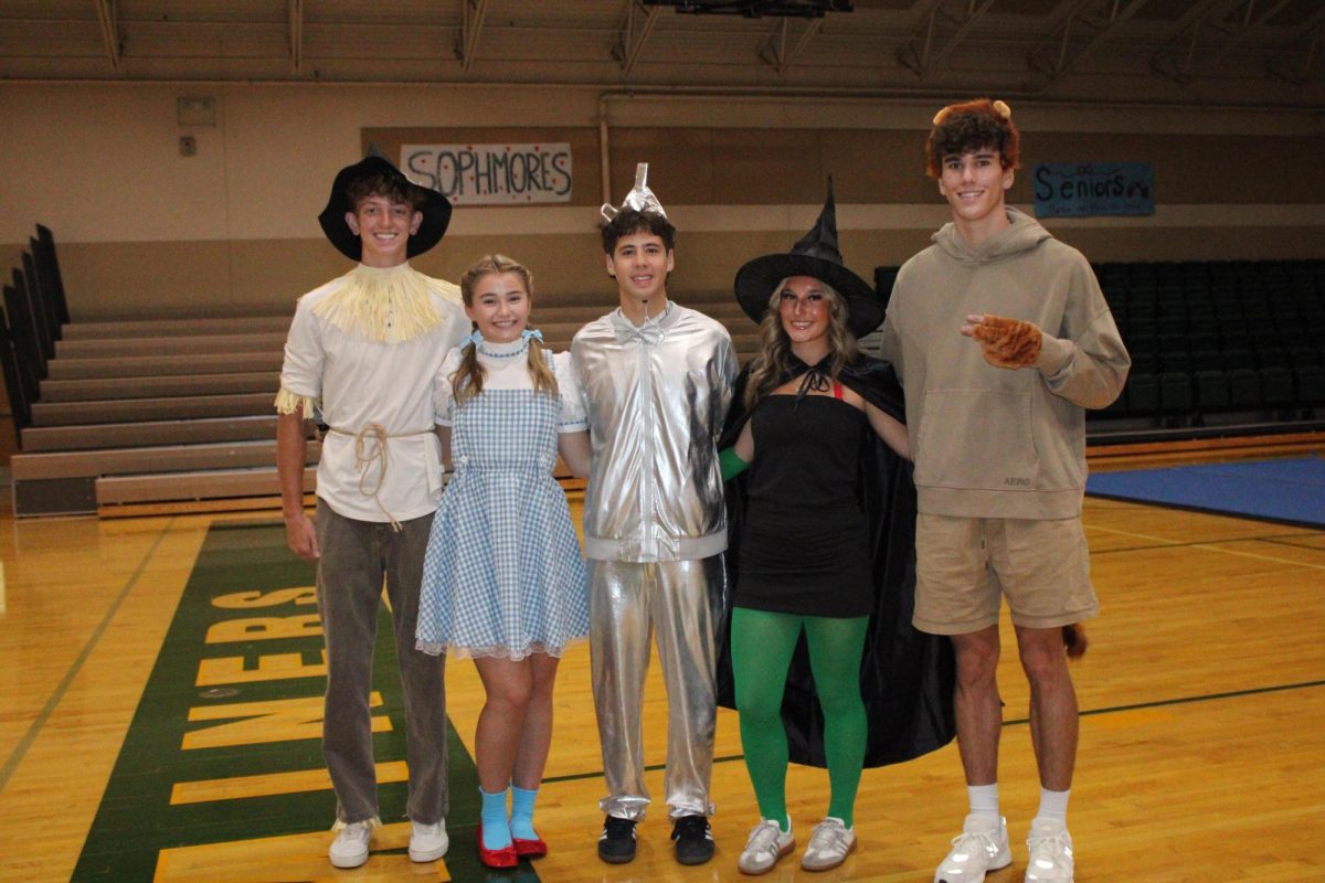 Student Council members Caden Evans, Nora Enos, Cash Fierro, Ava Zupon, and Liam Olechowski on Rally Day! (L to R)